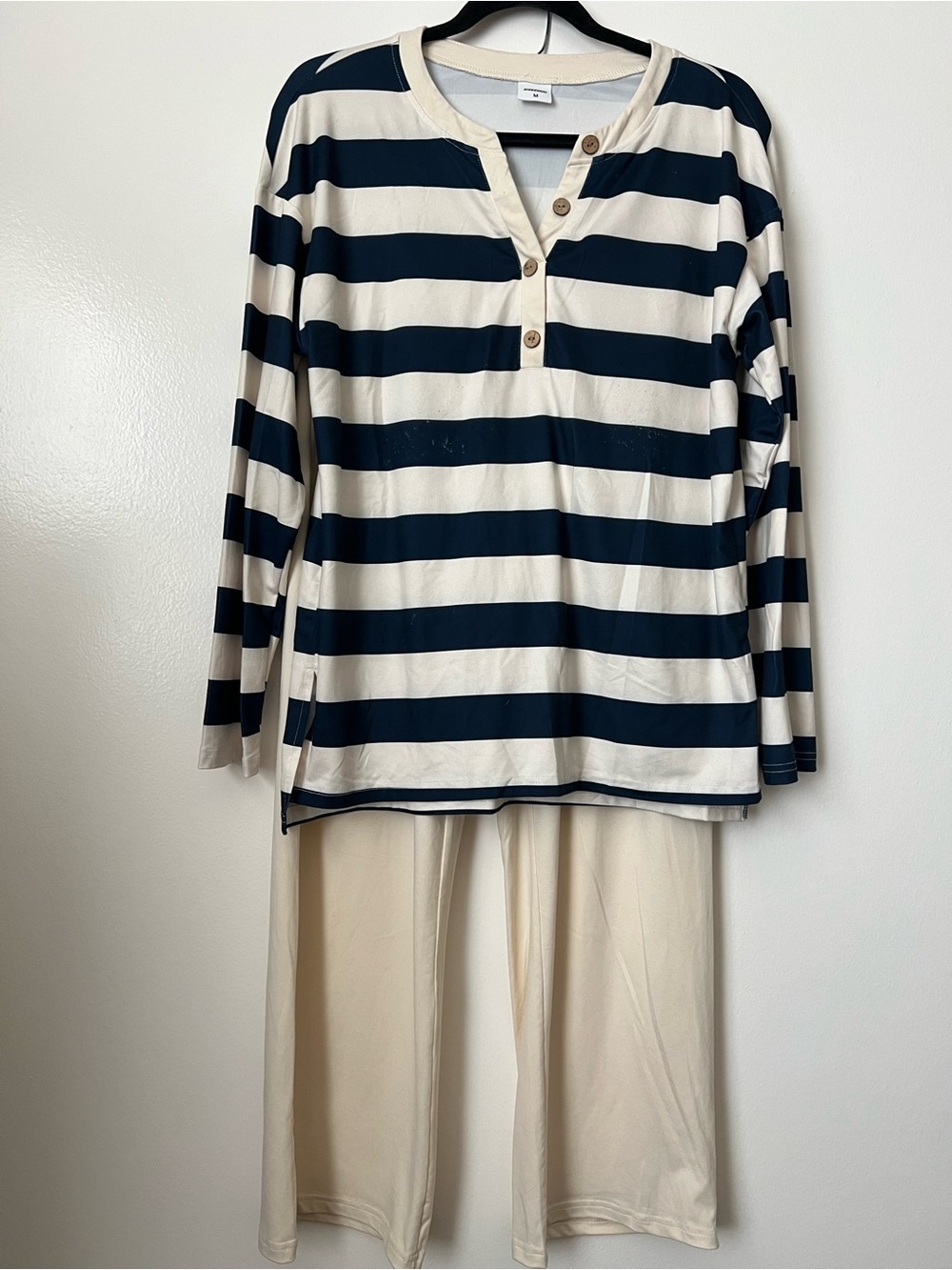 Cream Wide-Leg Pants with Navy Stripe Top — Casual Two-Piece Set